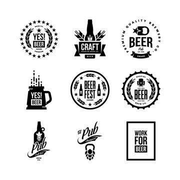 Modern craft beer drink isolated vector logo sign for bar, pub, store, brewhouse or brewery. Premium quality mug, hop, bottle logotype emblem illustration set. Brewing fest t-shirt badge design bundle