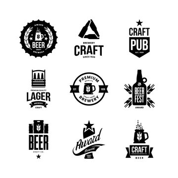 Modern craft beer drink isolated vector logo sign for bar, pub, store, brewhouse or brewery. Premium quality mug, keg, bottle logotype emblem illustration set. Brewing fest t-shirt badge design bundle