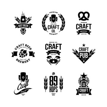 Modern craft beer drink isolated vector logo sign for bar, pub, store, brewhouse or brewery. Premium quality crab, pretzel logotype emblem illustration set. Brewing fest t-shirt badge design bundle.