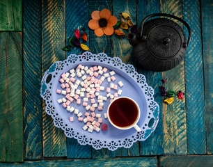 Delicious sweet marshmallow with tea