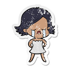 distressed sticker of a cartoon girl crying
