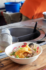Wide rice noodles with vegetables pork