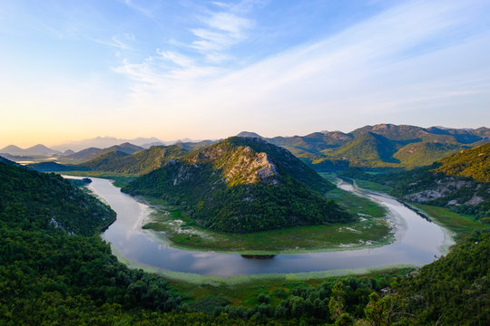 Montenegro, loop of river Crnojevic at sunrise seen from Pavlova Strana lookout