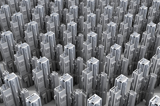Grey skyscrapers forming an uniform city, D Rendering
