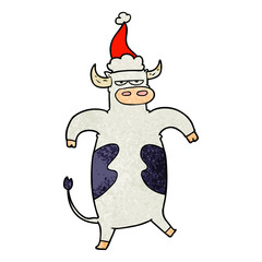 textured cartoon of a bull wearing santa hat