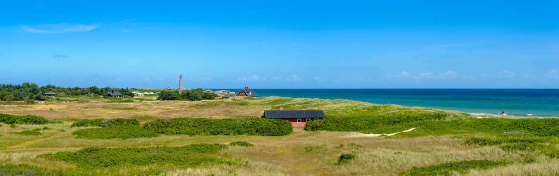 Denmark, Jutland, Skagen, Grenen, dune landscape with grey lighthouse