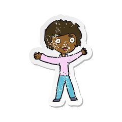retro distressed sticker of a cartoon woman waving arms