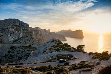 Serpentine road, sunset, Cap Formentor, Port de Pollenca, Serra de Tramuntana, Majorca, Balearic Islands, Spain, Europe