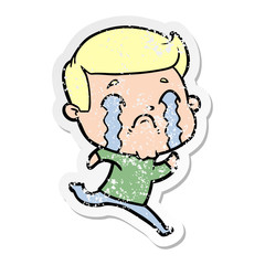 distressed sticker of a cartoon man crying