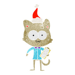 retro cartoon of a surprised office worker cat wearing santa hat