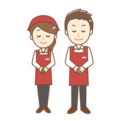 エプロン店員　男女　お辞儀