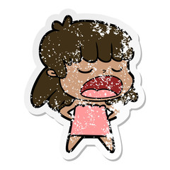 distressed sticker of a cartoon woman talking loudly