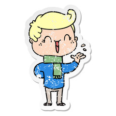 distressed sticker of a cartoon laughing boy