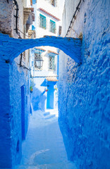 Beautiful street of blue medina in city Chefchaouen,  Morocco, Africa.