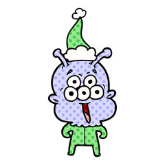 happy comic book style illustration of a alien wearing santa hat
