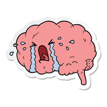 sticker of a cartoon brain crying