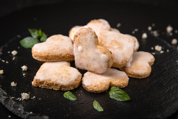 Typical french hearts cookies. Fresh, crispy and airy dessert. Confectionery assortment. 