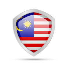 Shield with Malaysia flag on white background. Vector illustration.