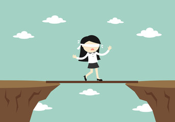 Business concept, Blindfolded business woman is walking on a small board to another cliff. Vector illustration.