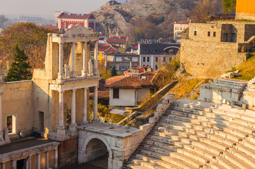 Roman Amphitheatre of Philippopolis at sunset in Plovdiv, Bulgaria