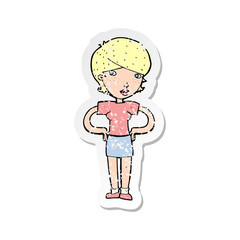 retro distressed sticker of a cartoon woman with hands on hips