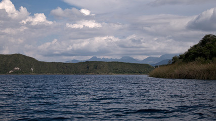Caldera and crater lake at the foot of Cotacachi Volcano, Cuicocha, Ecuador, created by a massive eruption about 3100 years ago.