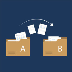 File transfer / Data Transfer Document, illustration transfer data/ copy file / sync 
 data / sharing file. illustration two folders on screen and transferred documents.