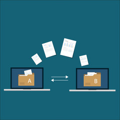 File transfer / Data Transfer Document, illustration transfer data/ copy file / sync 
 data / sharing file. illustration two laptop with folders on screen and transferred documents.
