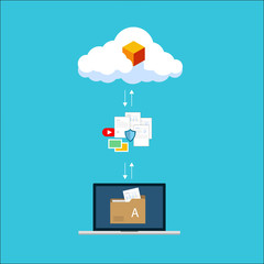 File transfer / Data Transfer Document, illustration transfer data/ copy file / sync 
 data / sharing file. illustration laptop with folders on screen transferred data to cloud server