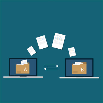 File transfer / Data Transfer Document, illustration transfer data/ copy file / sync 
 data / sharing file. illustration two laptop with folders on screen and transferred documents.