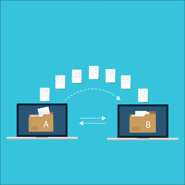File transfer / Data Transfer Document, illustration transfer data/ copy file / sync 
 data / sharing file. illustration two laptop with folders on screen and transferred documents.