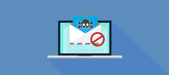 envelope with document, spam alert and skull icon. Virus, malware, email fraud, e-mail spam, phishing scam, hacker attack concept. Trendy flat design graphic with long shadow. 