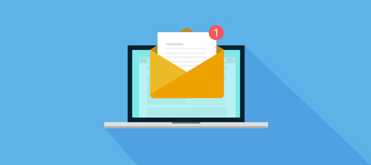 Laptop Email notification message, with buble number new email. flat vecotr illustration with long shadow