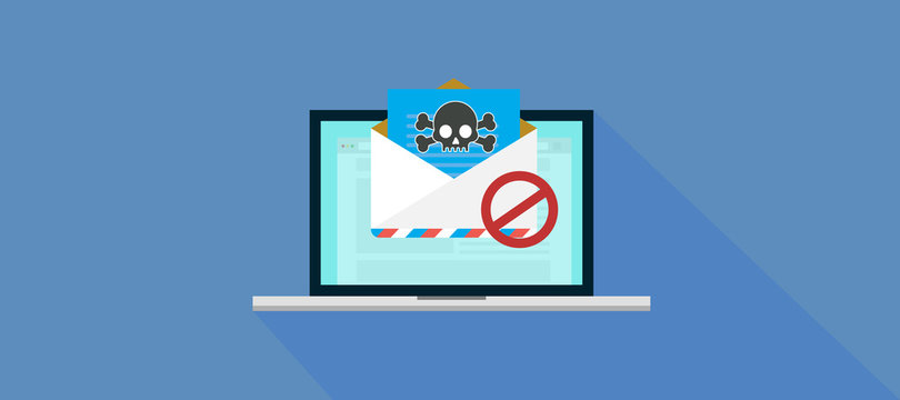 envelope with document, spam alert and skull icon. Virus, malware, email fraud, e-mail spam, phishing scam, hacker attack concept. Trendy flat design graphic with long shadow. 