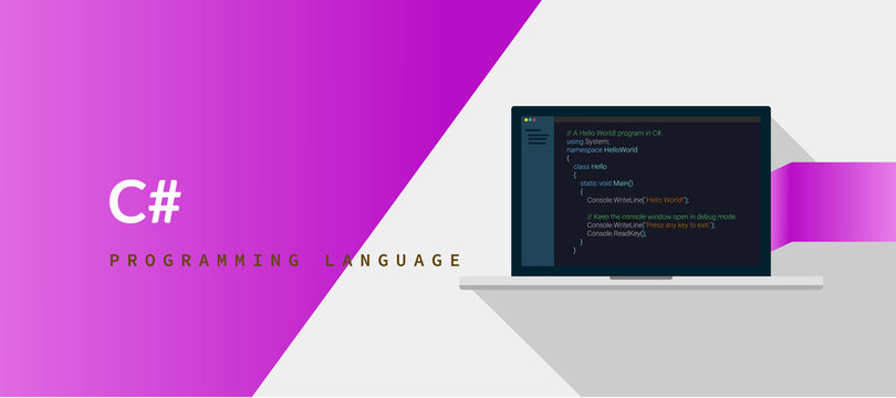 C# programming language with script code on laptop screen, programming language code illustration