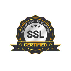 SSL Certified/certificate 100% secure transaction with encryption. illustration ssl certificate, ssl secured, ssl shield symbols, protected safe data. with ribbon, gold style & black color