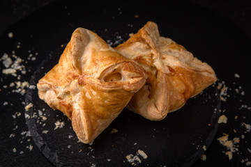 Sweet Soft Buns. Puff pastry envelope with potatoes, cottage cheese, meat, mushrooms or cabbage. Bakery