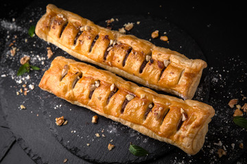 Sweet Soft Buns. Puff pastry envelope with potatoes, cottage cheese, meat, mushrooms or cabbage. Bakery