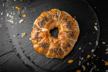 Salty Soft Buns. Puff Pastry Ring with Potatoes, Cottage Cheese, Meat, Mushrooms or Cabbage. Bakery