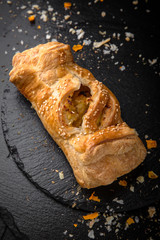 Sweet Soft Buns. Puff pastry envelope with potatoes, cottage cheese, meat, mushrooms or cabbage. Bakery