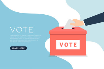 Businessman hand putting voting paper in the ballot box. Voting concept in flat style banner.