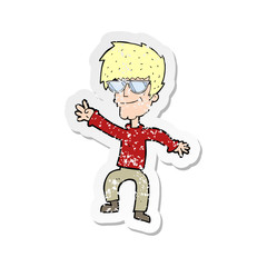 retro distressed sticker of a cartoon waving cool guy