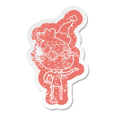 cartoon distressed sticker of a woman wearing glasses wearing santa hat