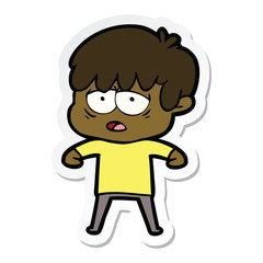 sticker of a cartoon exhausted boy