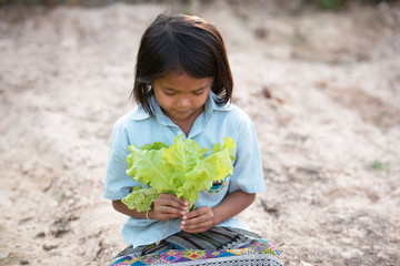 Poverty, a portrait of a poor Asian girl, collecting organic vegetables