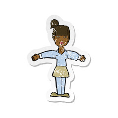Obraz na płótnie Canvas retro distressed sticker of a cartoon woman shrugging shoulders