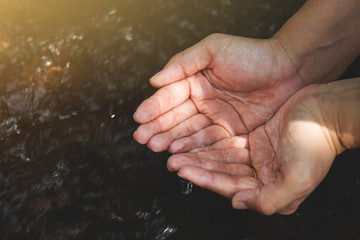 hand touching water in low light forest 