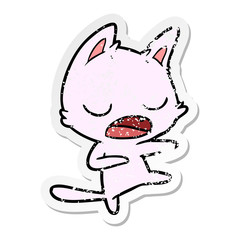 distressed sticker of a talking cat dancing