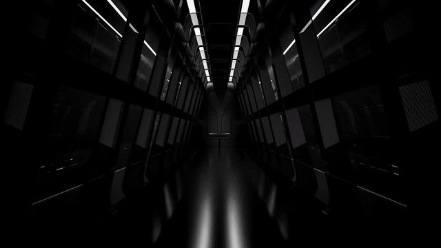 realistic dark night spaceship sci-fi corridor, 3D render.