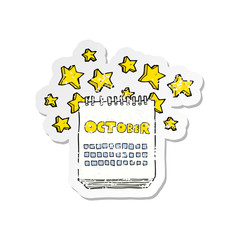 retro distressed sticker of a cartoon calendar showing month of october